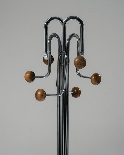 PORTE-MANTEAU SUR PIED CHROMÉ ET BOIS, 1970s