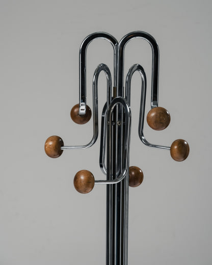 PORTE-MANTEAU SUR PIED CHROMÉ ET BOIS, 1970s