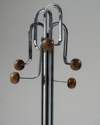 PORTE-MANTEAU SUR PIED CHROMÉ ET BOIS, 1970s