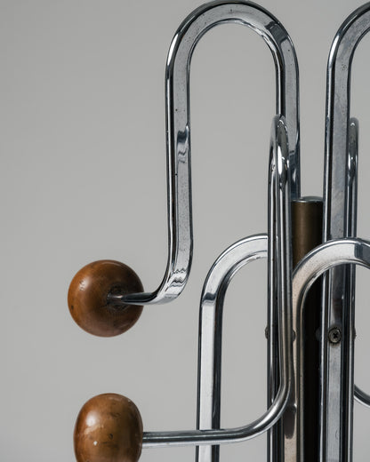 PORTE-MANTEAU SUR PIED CHROMÉ ET BOIS, 1970s