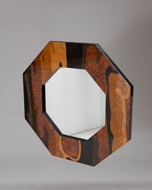 OCTAGONAL WOODEN MIRROR, JEAN-CLAUDE MAHEY, 1970s