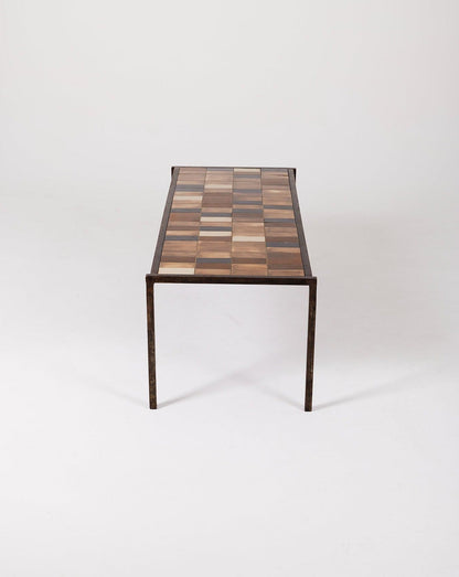 Table basse en céramique du designer Mado Jolain, années 1960. La structure en fer forgé a été réalisée par René Legrand. Le plateau en céramique est dans les tons marron et beige. Très bel état