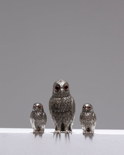 SILVER PLATED OWL SALT AND PEPPER SHAKER, 1950s