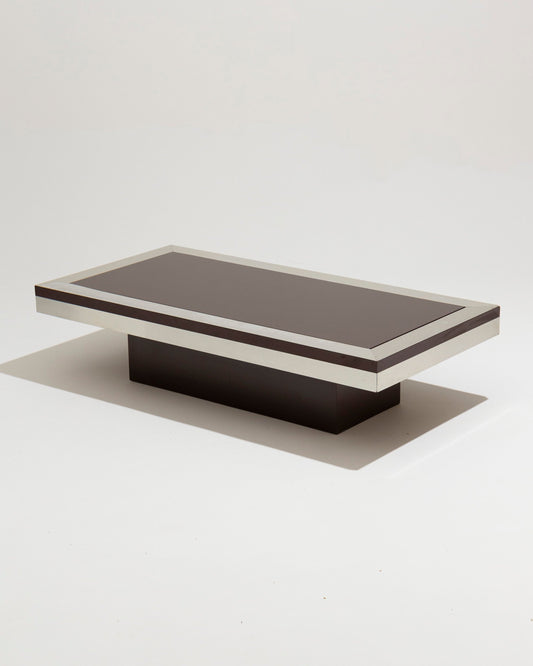 TABLE BASSE EN ACIER CHROMÉ ET VERRE BRUN, 1970s