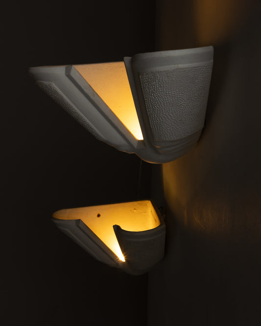 PAIR OF PLASTER CORNER WALL LIGHTS, 1940s