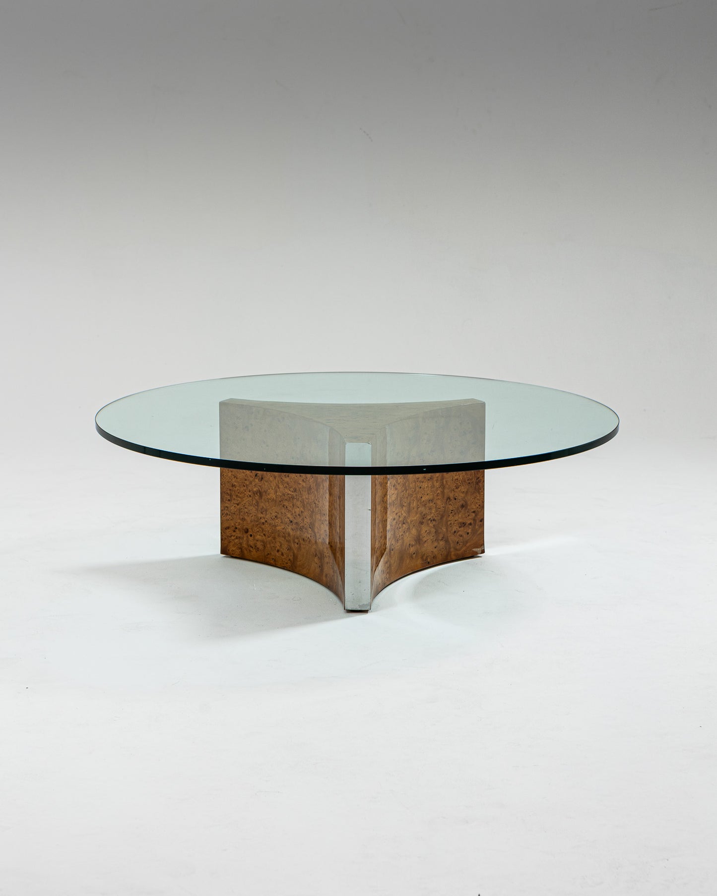 BURR ELM AND GLASS COFFEE TABLE, 1970s