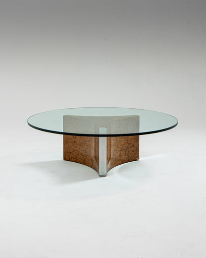 BURR ELM AND GLASS COFFEE TABLE, 1970s