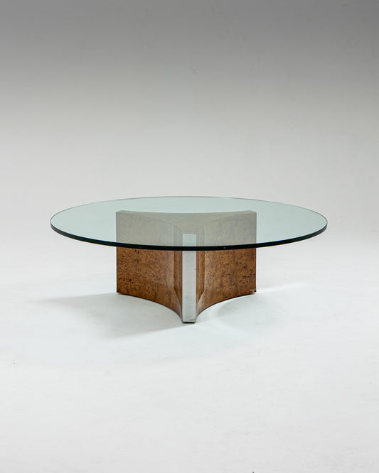 TABLE BASSE EN LOUPE D'ORME ET VERRE, 1970s