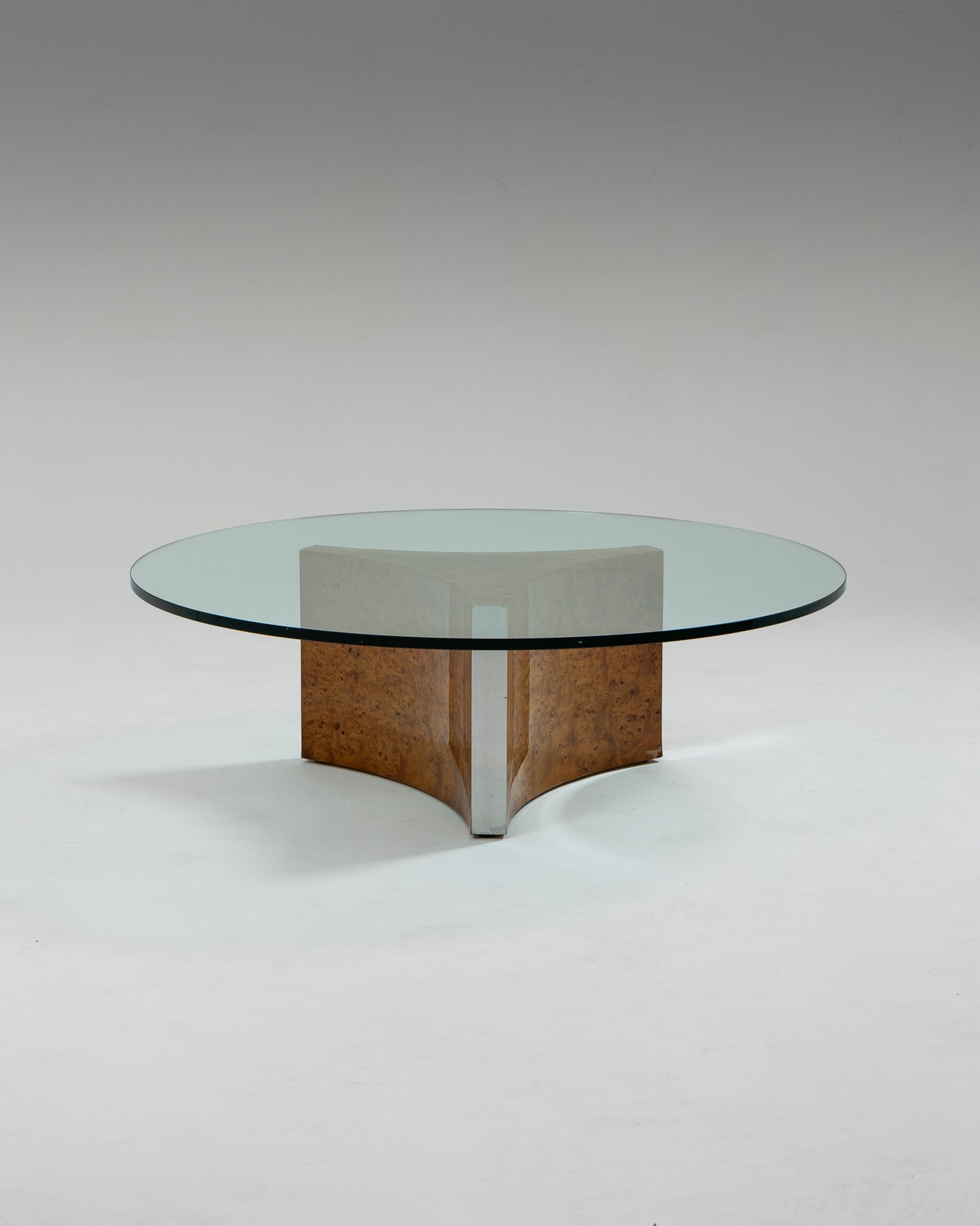BURR ELM AND GLASS COFFEE TABLE, 1970s
