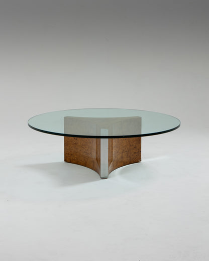 BURR ELM AND GLASS COFFEE TABLE, 1970s