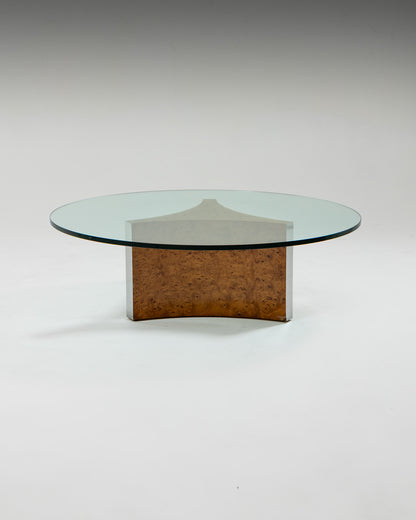 BURR ELM AND GLASS COFFEE TABLE, 1970s