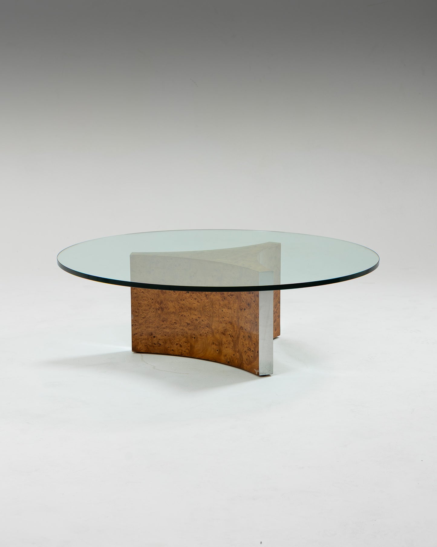 BURR ELM AND GLASS COFFEE TABLE, 1970s