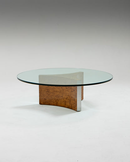 BURR ELM AND GLASS COFFEE TABLE, 1970s