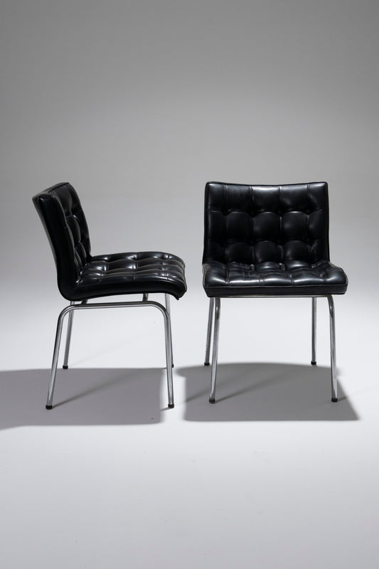 PAIRE DE FAUTEUILS EN CUIR NOIR, RENÉ-JEAN CAILLETTE, 1960s