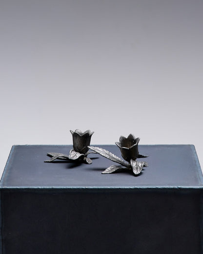 PAIR OF PEWTER FLOWER CANDLESTICKS, 1970S