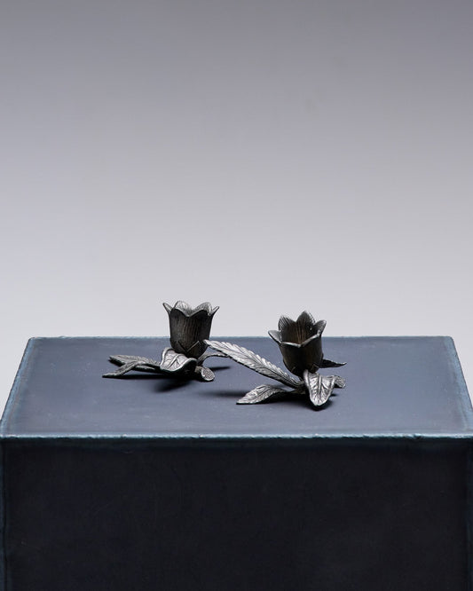 PAIR OF PEWTER FLOWER CANDLESTICKS, 1970S