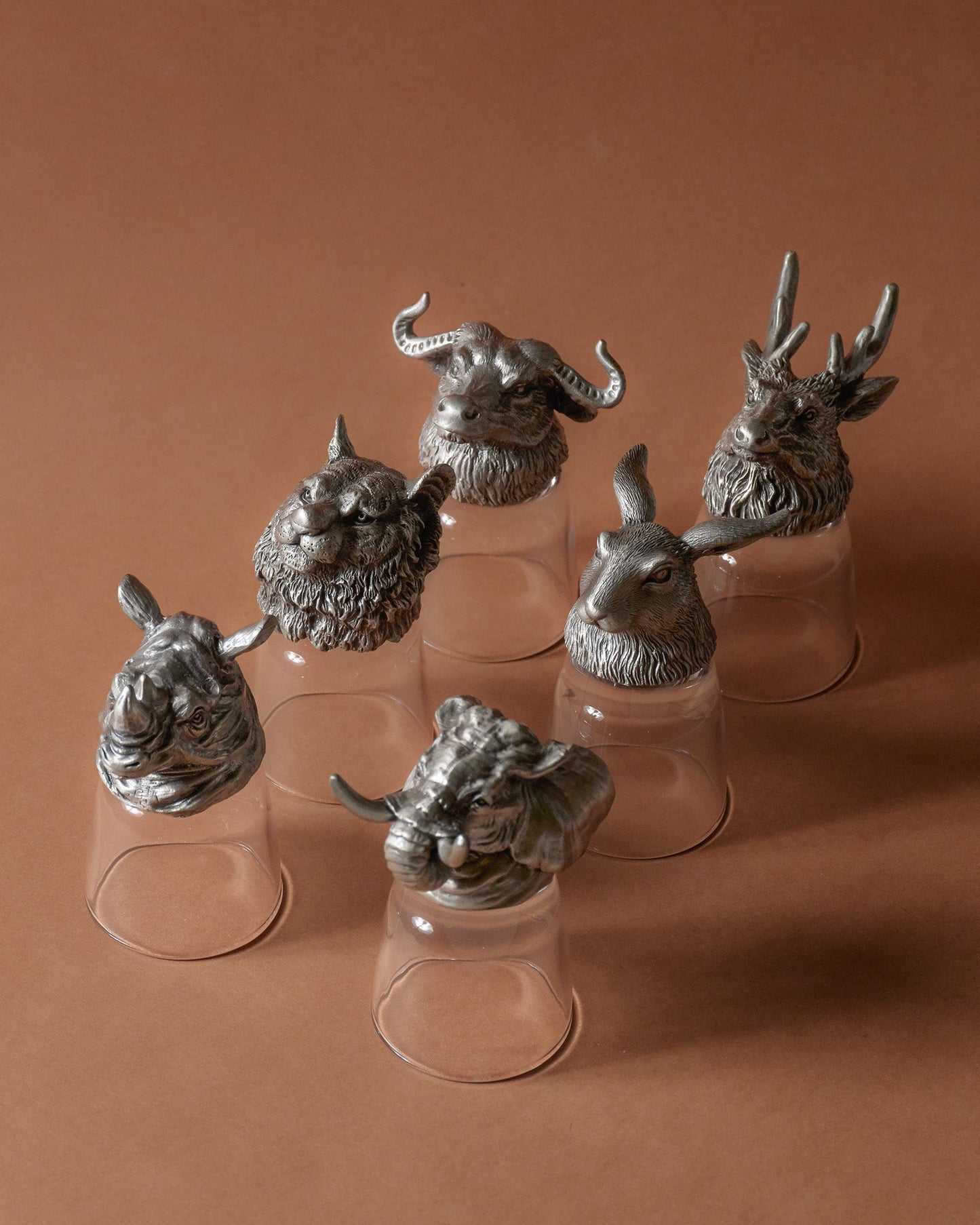 SET OF 6 GLASS AND SILVER-PLATED METAL LIQUEUR GLASSES, 1980s