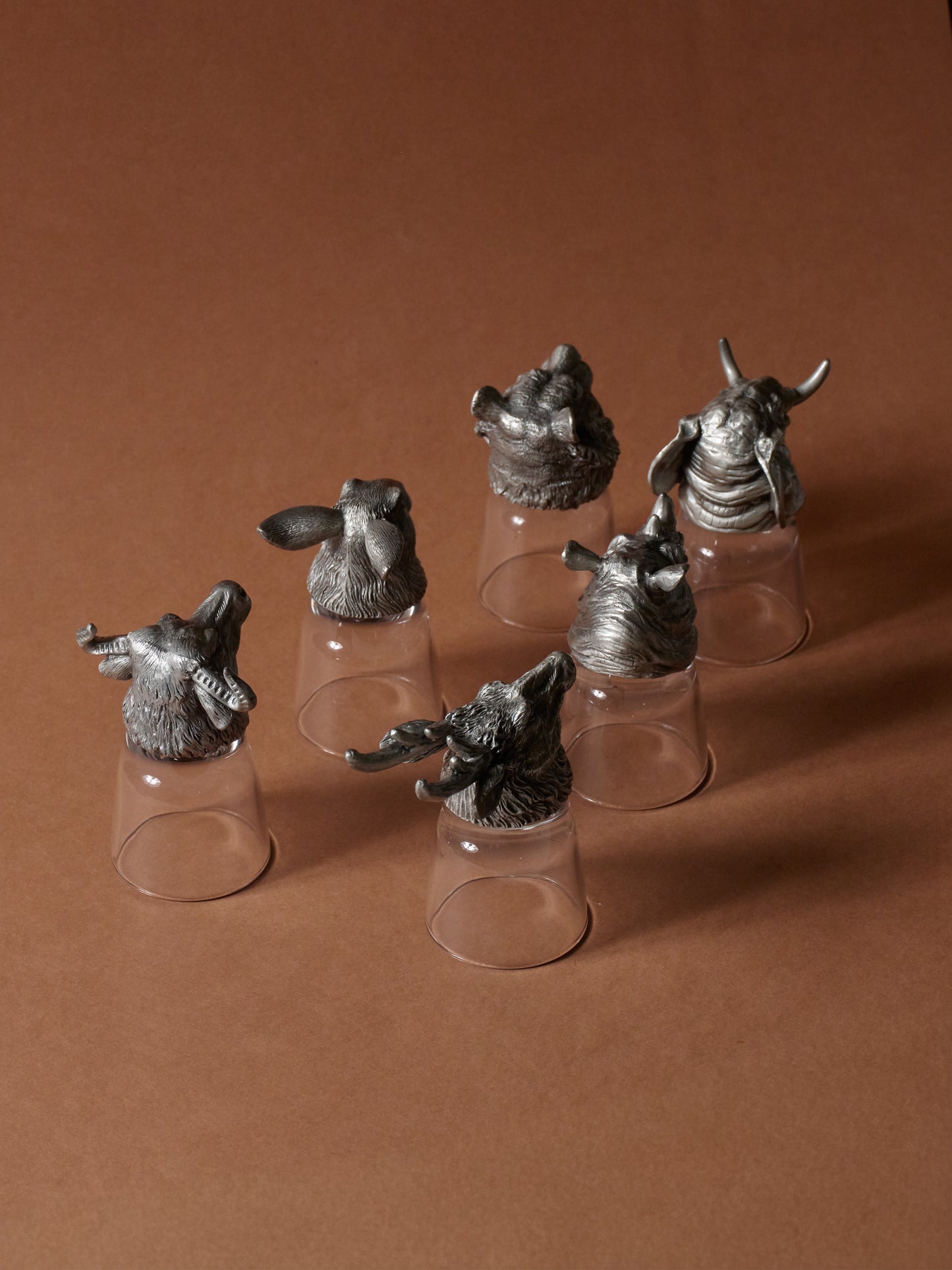 SET OF 6 GLASS AND SILVER-PLATED METAL LIQUEUR GLASSES, 1980s