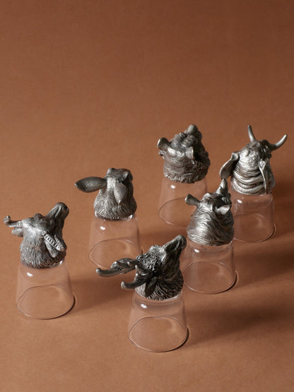 SET OF 6 GLASS AND SILVER-PLATED METAL LIQUEUR GLASSES, 1980s