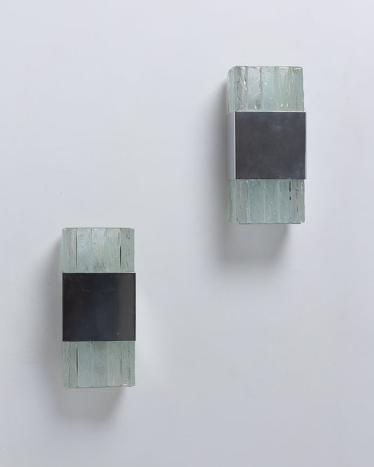 PAIR OF METAL AND GLASS WALL SCONCES, ATELIERS PERZEL