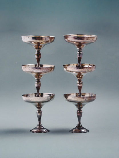 SET OF 6 SILVER-PLATED METAL CHAMPAGNE GLASSES