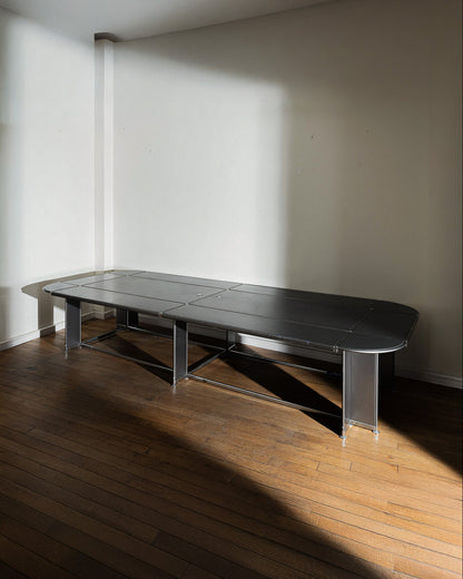 METAL AND BLACK LEATHER CONFERENCE TABLE, 1990s