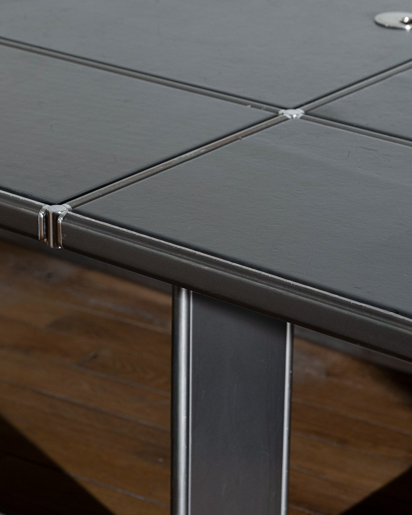 METAL AND BLACK LEATHER CONFERENCE TABLE, 1990s