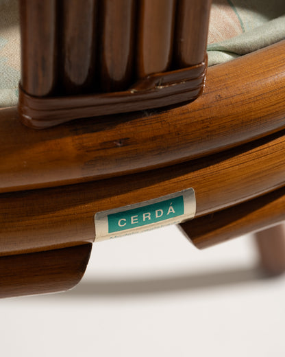 PAIRE DE FAUTEUILS EN ROTIN ET TISSU FLEURI, 1970s