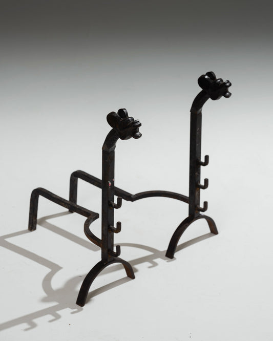 PAIR OF WROUGHT IRON DRAGON ANDIRONS, 1940s