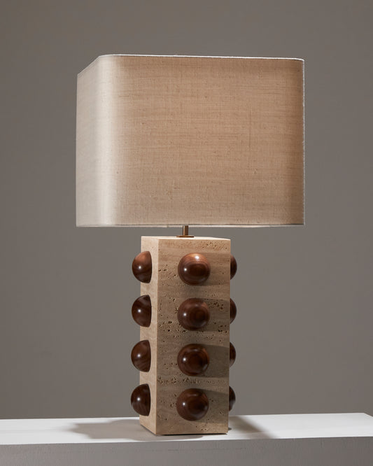 LAMPE BULLE EN TRAVERTIN ET NOYER