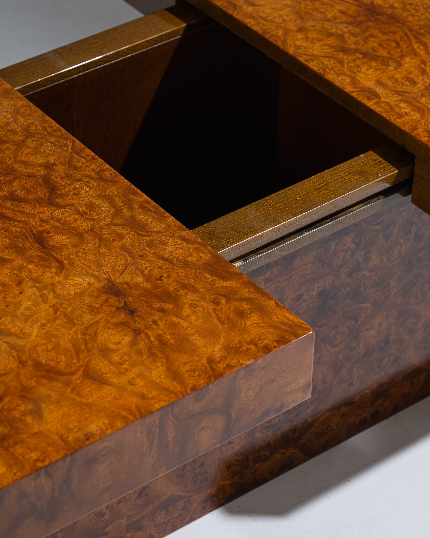 ELM BURL CHEST TABLE, 1970s