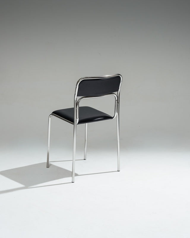SET DE 4 CHAISES EN ACIER TUBULAIRE ET SIMILI CUIR NOIR, 1980s