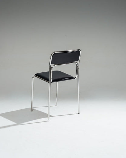 SET DE 4 CHAISES EN ACIER TUBULAIRE ET SIMILI CUIR NOIR, 1980s
