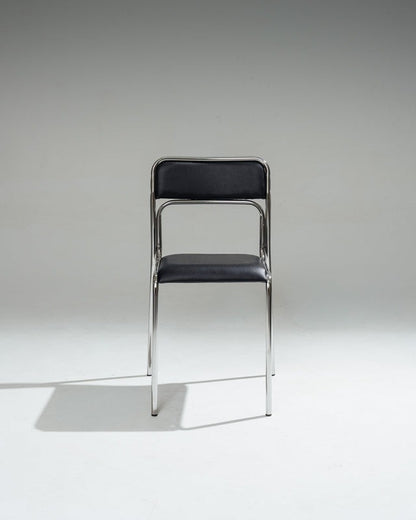 SET DE 4 CHAISES EN ACIER TUBULAIRE ET SIMILI CUIR NOIR, 1980s