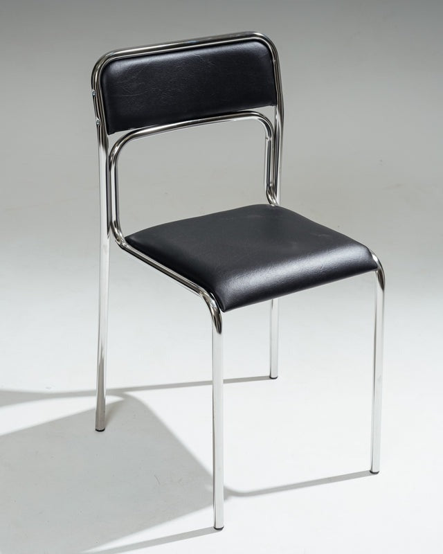 SET DE 4 CHAISES EN ACIER TUBULAIRE ET SIMILI CUIR NOIR, 1980s