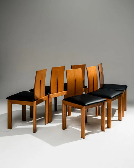 SET DE 6 CHAISES SCULPTURALES EN BOIS ET CUIR, 1970s