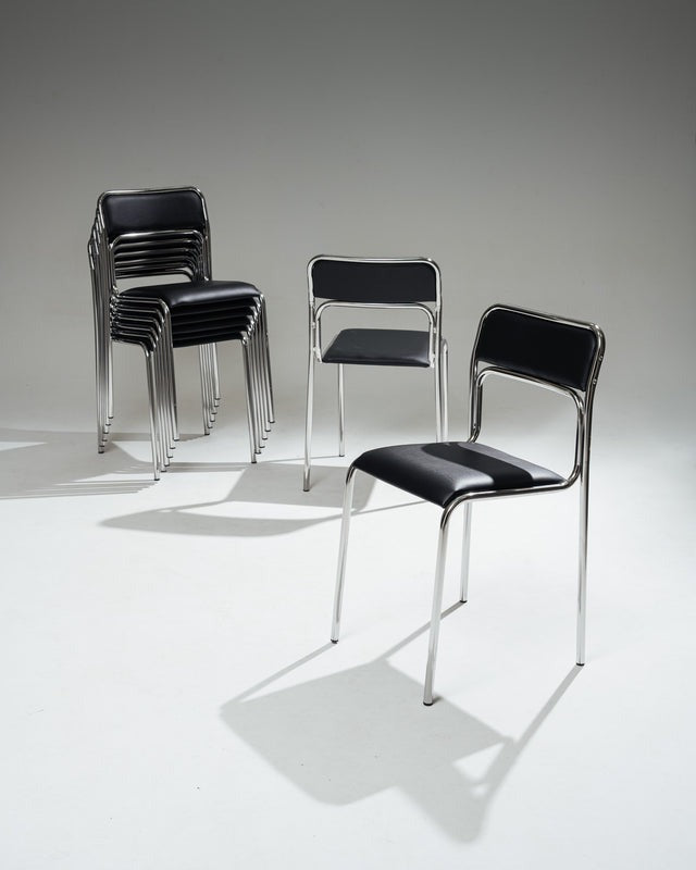 SET DE 4 CHAISES EN ACIER TUBULAIRE ET SIMILI CUIR NOIR, 1980s