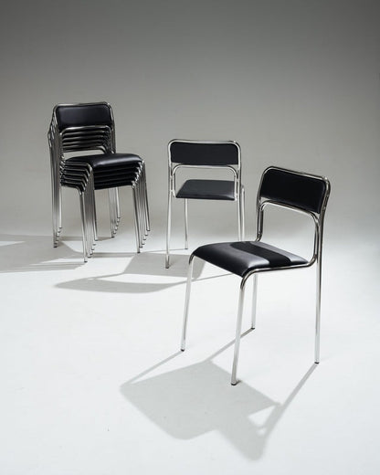 PAIRE DE CHAISES EN ACIER TUBULAIRE ET SIMILI CUIR NOIR, 1980s
