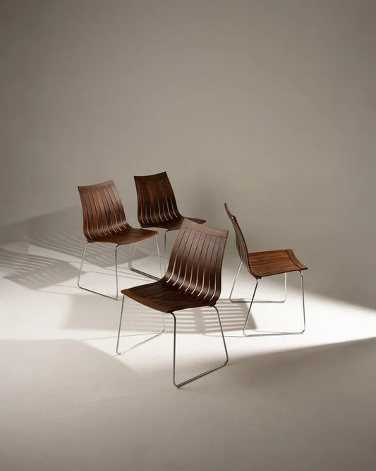 SET DE 4 CHAISES EN BOIS ET ACIER SCANDIA, HANS BRATTRUD, 1960s