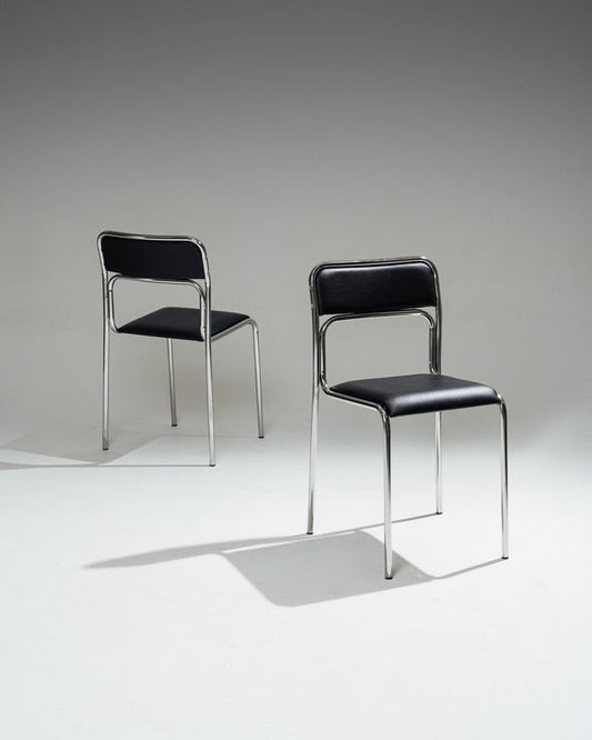 PAIRE DE CHAISES EN ACIER TUBULAIRE ET SIMILI CUIR NOIR, 1980s