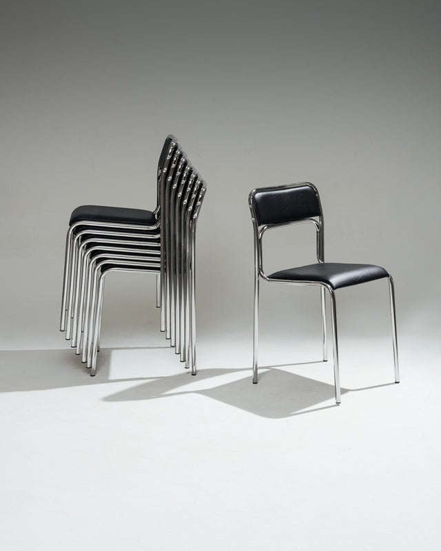 SET DE 4 CHAISES EN ACIER TUBULAIRE ET SIMILI CUIR NOIR, 1980s