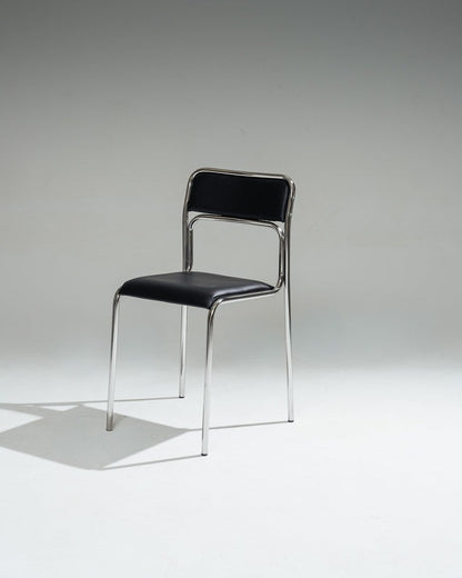 SET DE 4 CHAISES EN ACIER TUBULAIRE ET SIMILI CUIR NOIR, 1980s