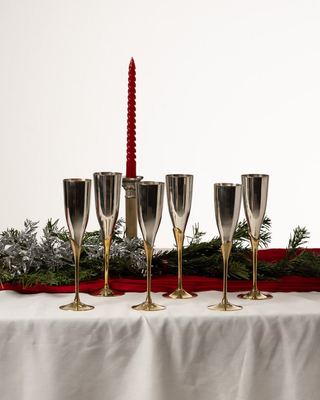 SET OF 6 METAL AND BRASS CHAMPAGNE FLUTES, 1980s