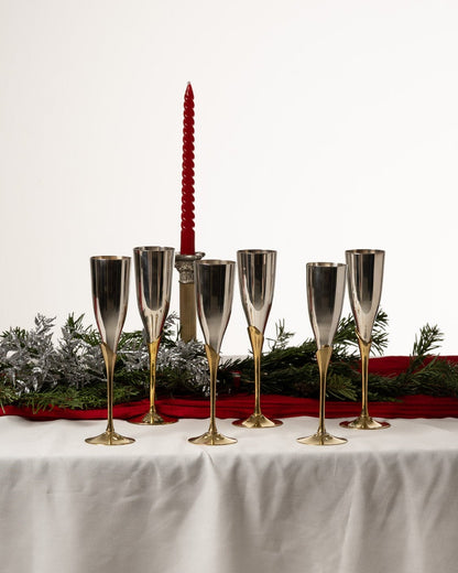 SET OF 6 METAL AND BRASS CHAMPAGNE FLUTES, 1980s