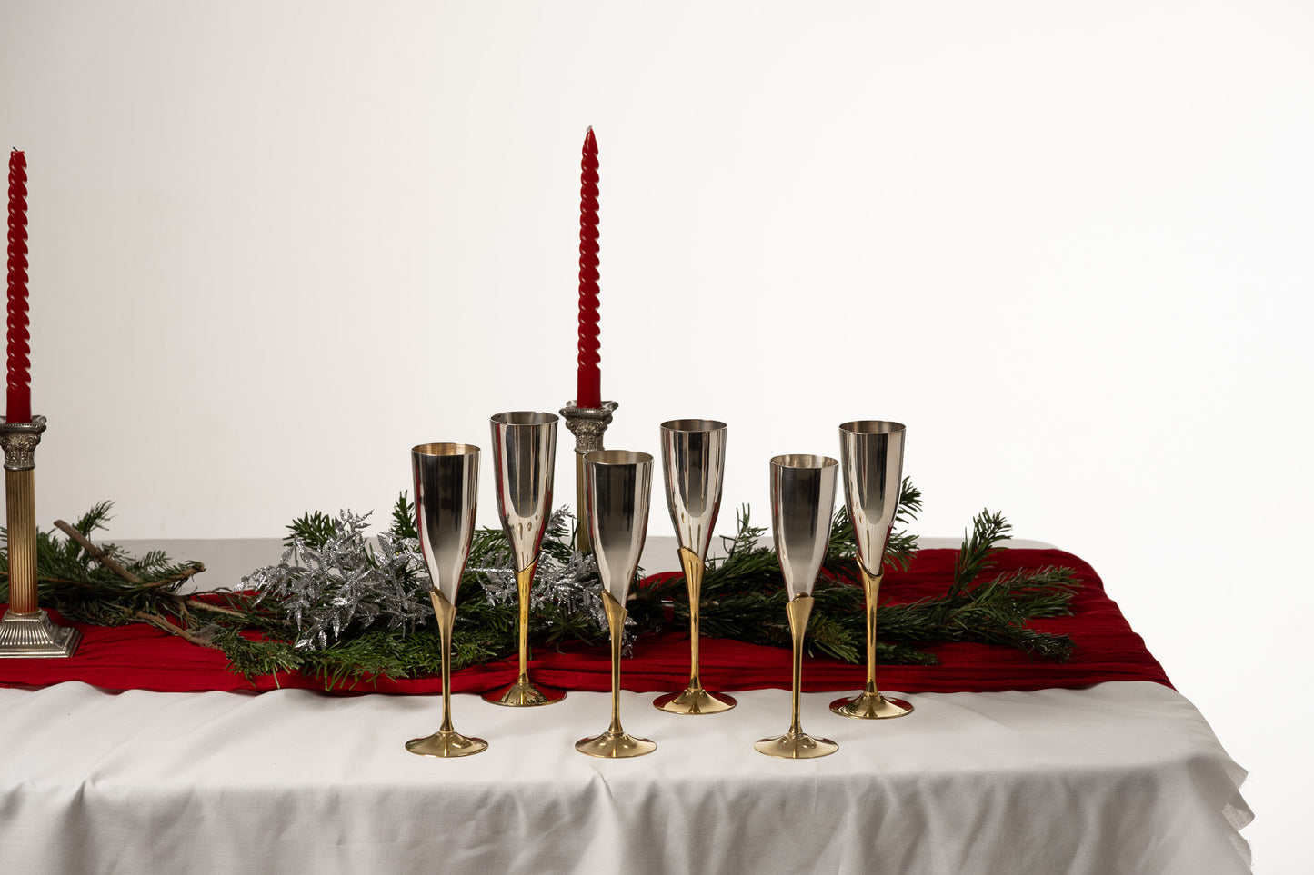 SET OF 6 METAL AND BRASS CHAMPAGNE FLUTES, 1980s