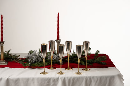 SET OF 6 METAL AND BRASS CHAMPAGNE FLUTES, 1980s