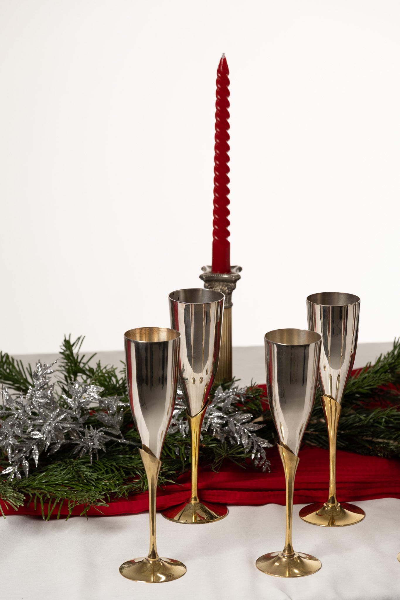 SET OF 6 METAL AND BRASS CHAMPAGNE FLUTES, 1980s