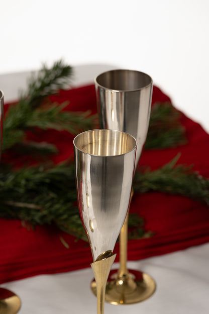 SET OF 6 METAL AND BRASS CHAMPAGNE FLUTES, 1980s