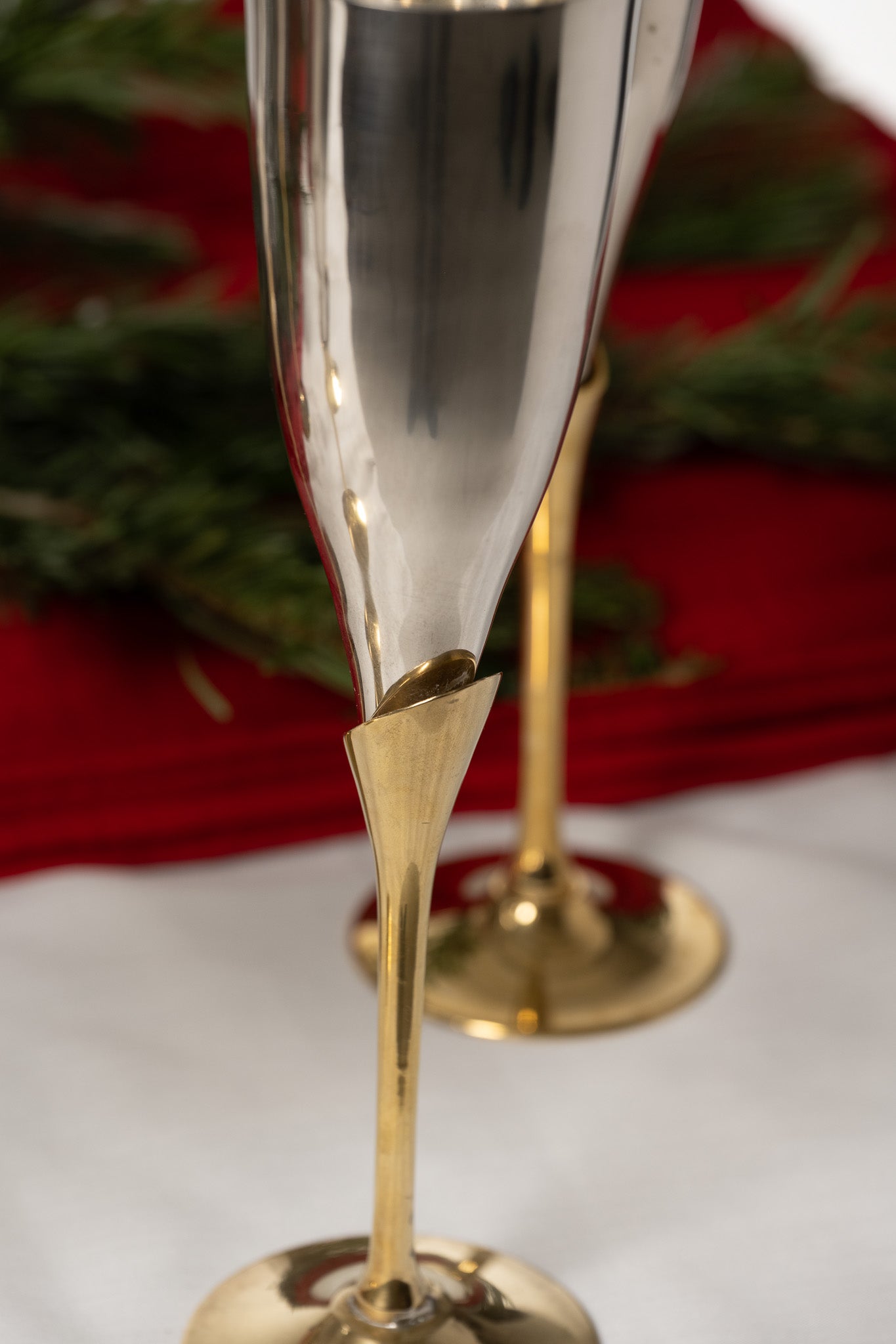 SET OF 6 METAL AND BRASS CHAMPAGNE FLUTES, 1980s