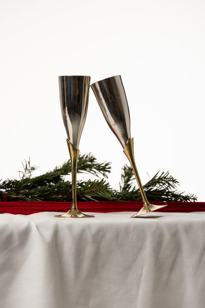 SET OF 6 METAL AND BRASS CHAMPAGNE FLUTES, 1980s